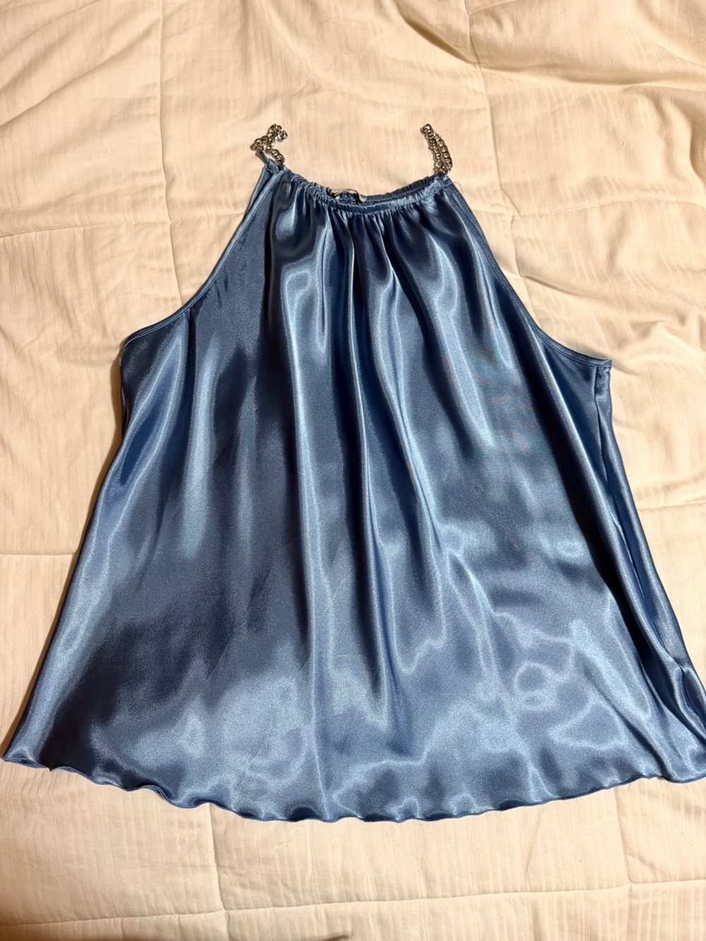 Satin Halter Chemise in Steel Blue with Chain Straps